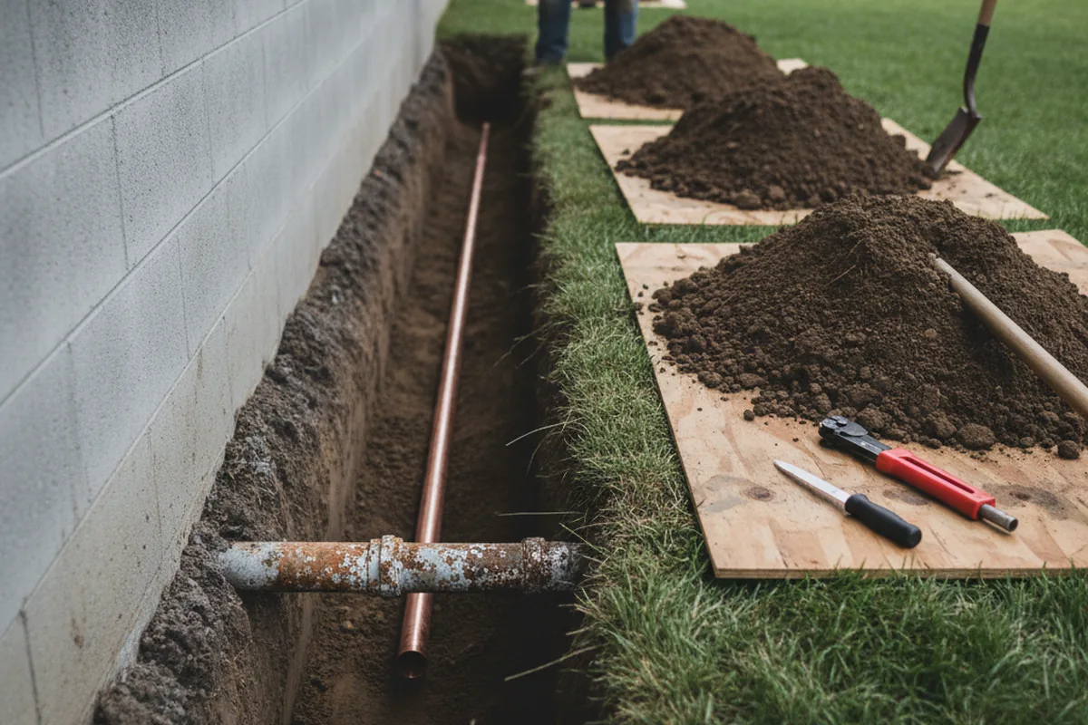 Excavated water line trench during Water Softener Installation in Chambersville